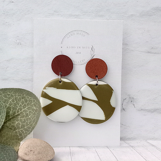 Handmade Polymer Clay Earrings feature olive green and white clay rounds, and walnut round ear studs.
