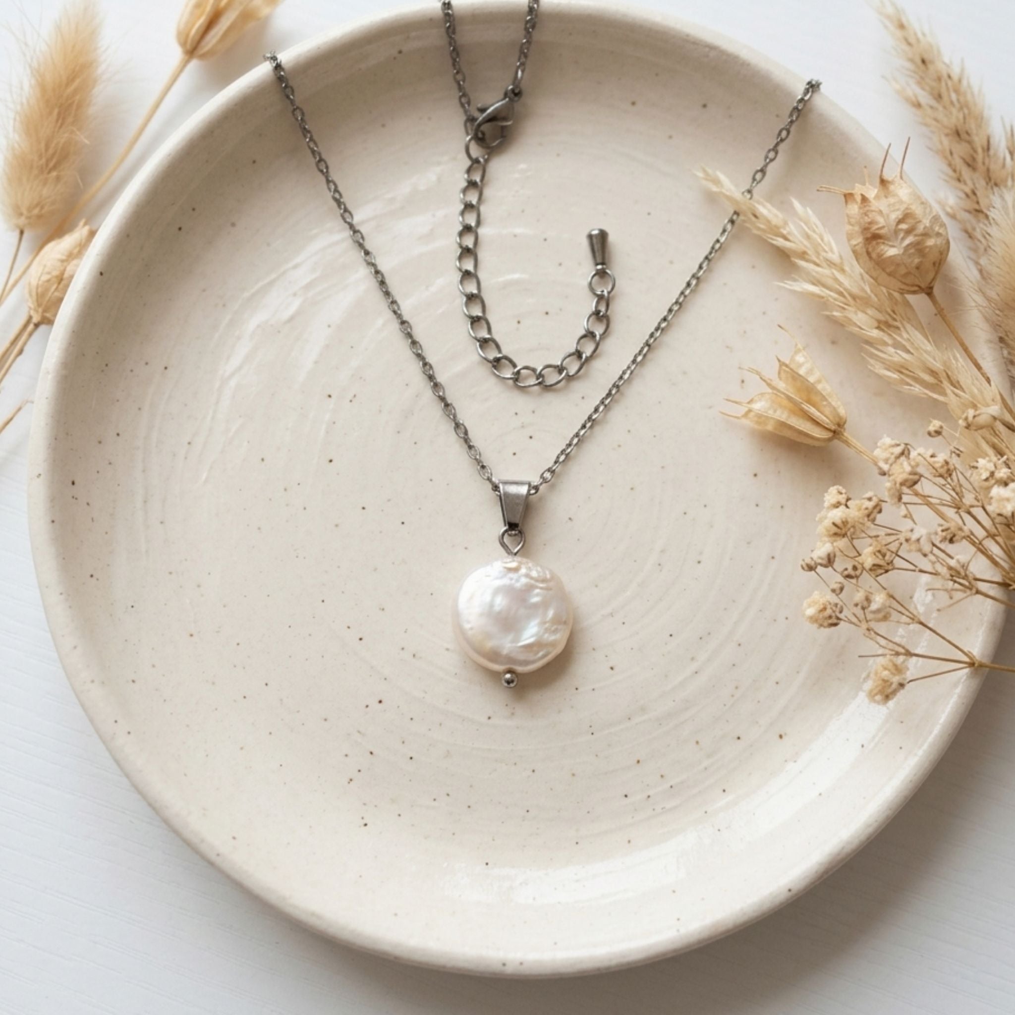 White 13mm coin freshwater pearl necklace with stainless steel chain