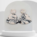 White and dark blue marble polymer clay triangle drop earrings with round stud tops