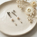 White freshwater pearl drop earrings with 5mm natural pearl, three rice pearls and 304 stainless steel oval studs