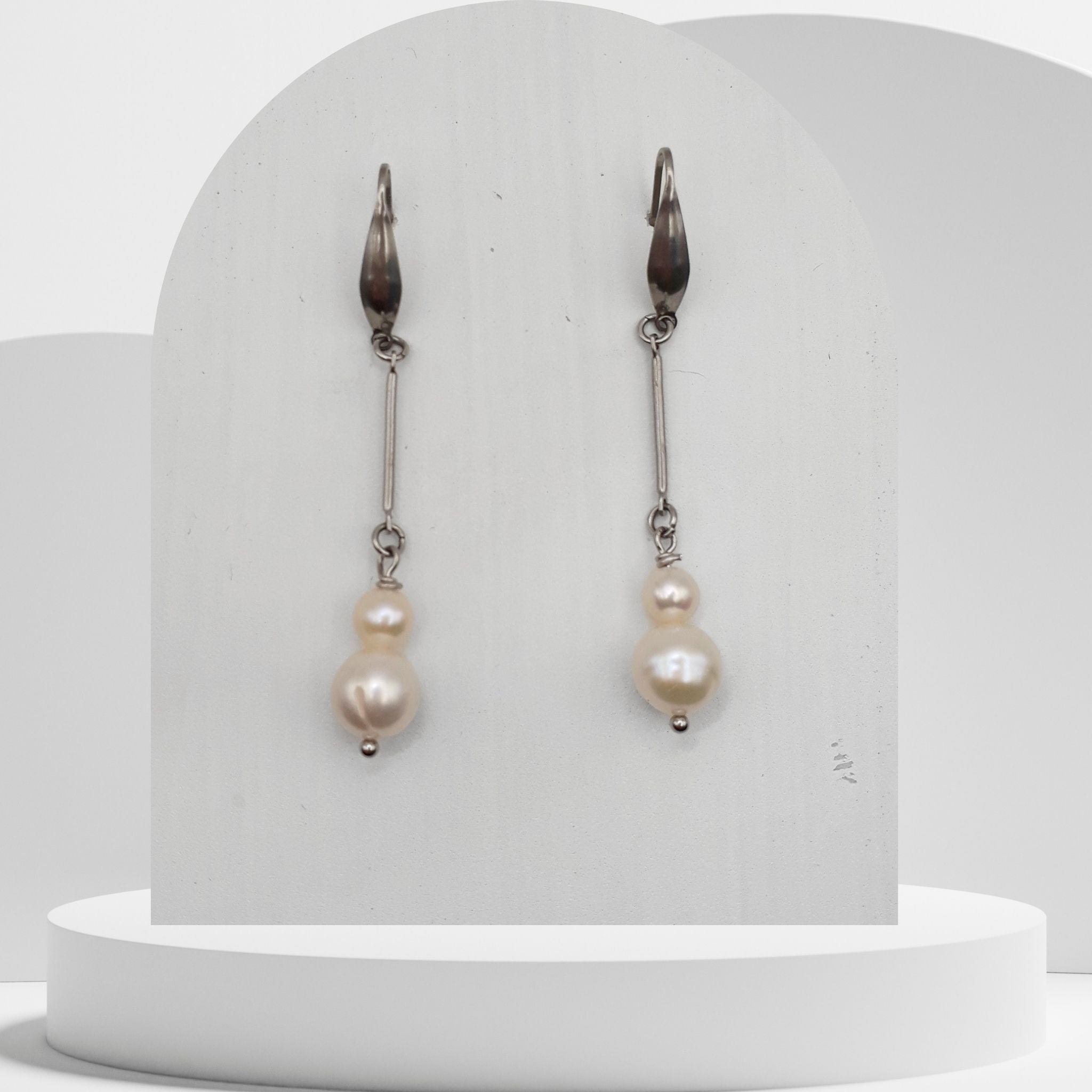 Handmade white freshwater pearl dangle earrings with stainless steel bar and hooks