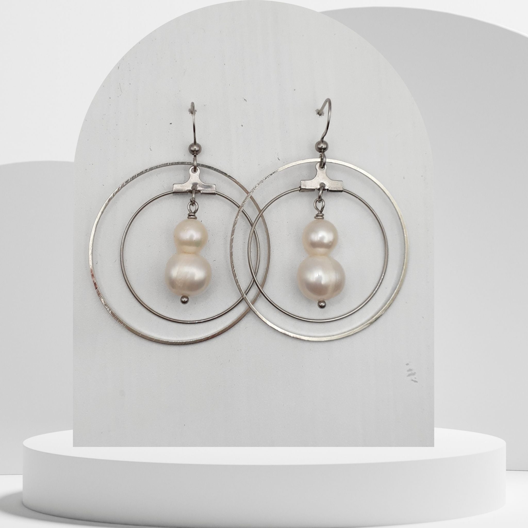 Handmade white freshwater pearl hoop earrings with double stainless steel hoop design