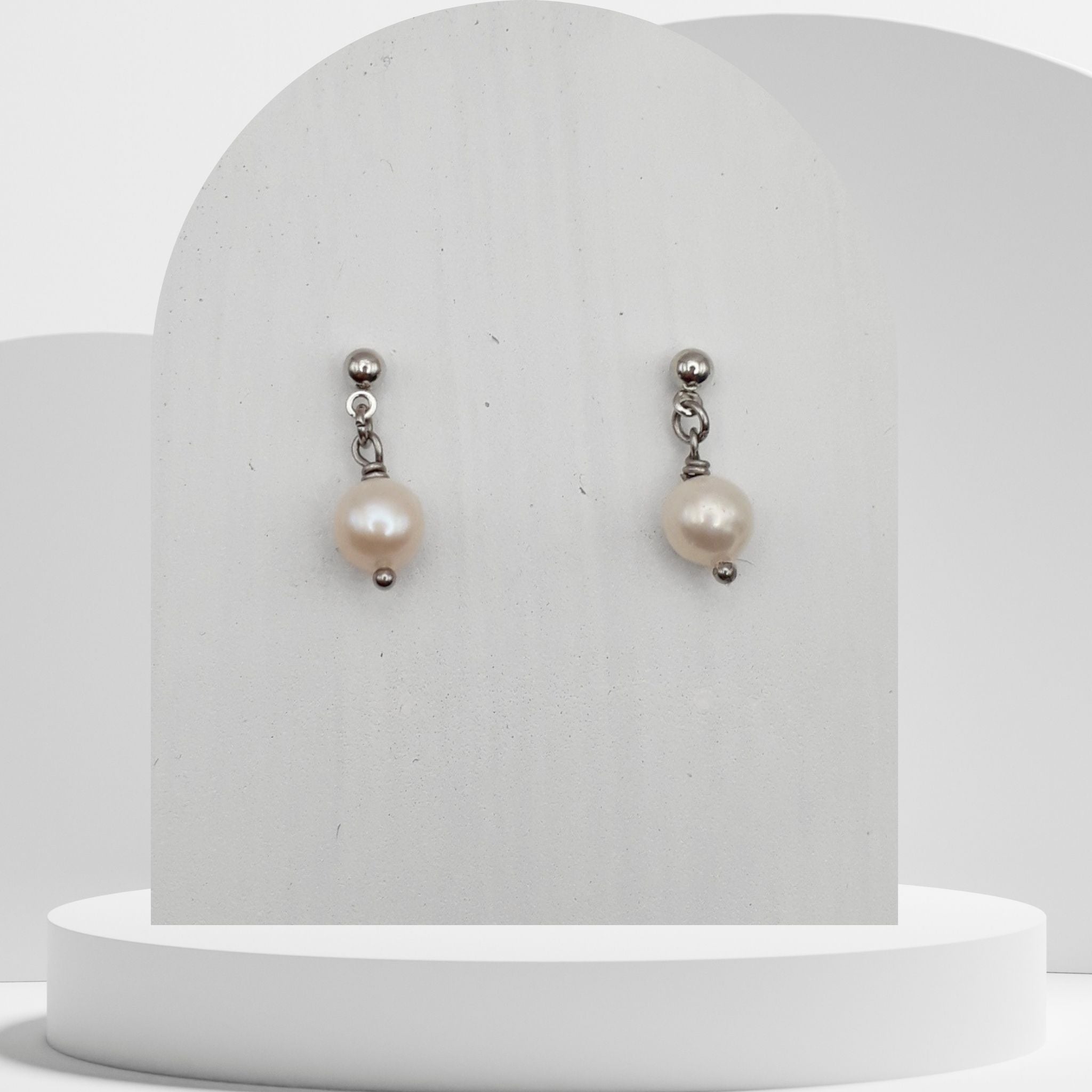 Handmade white freshwater pearl drop earrings with stainless steel ball stud