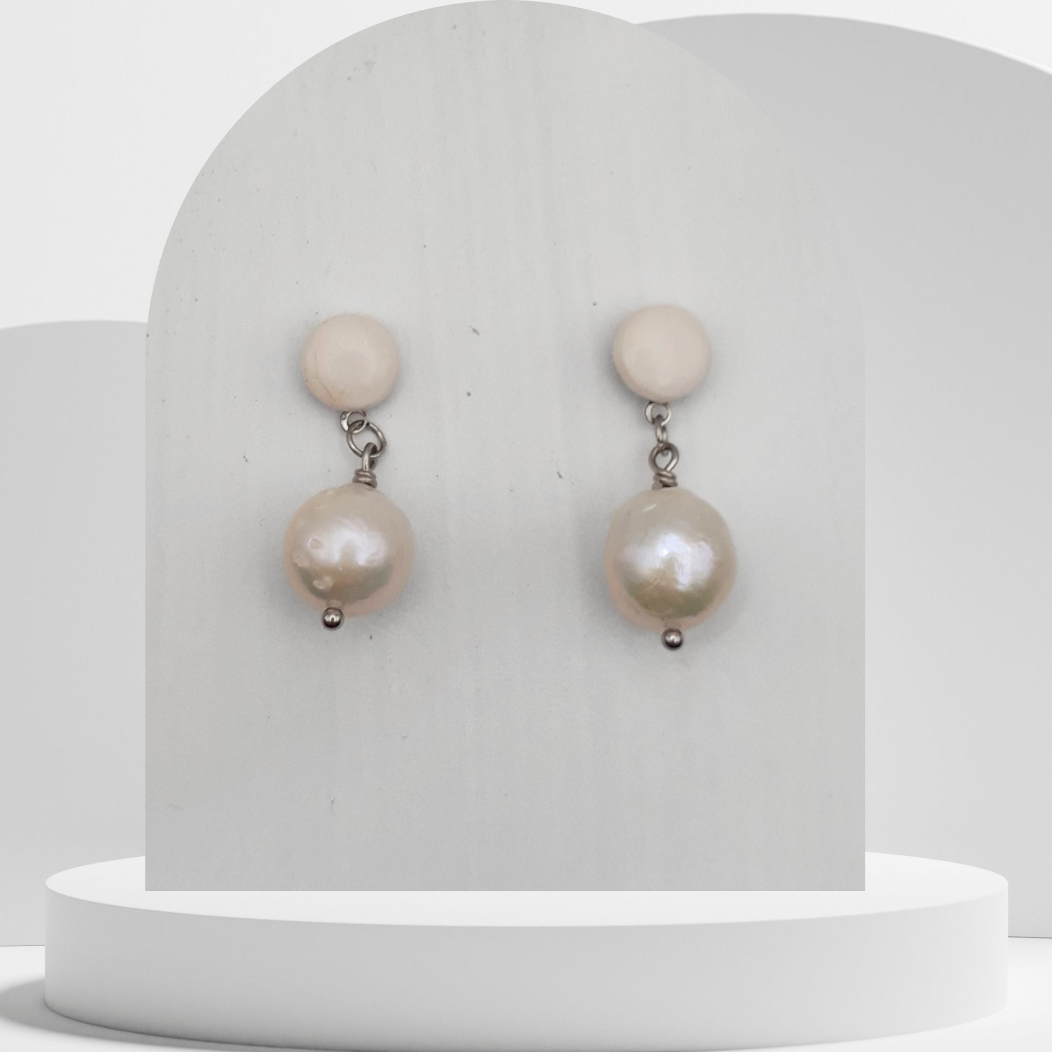 Handmade white freshwater pearl drop earrings with white polymer clay stud