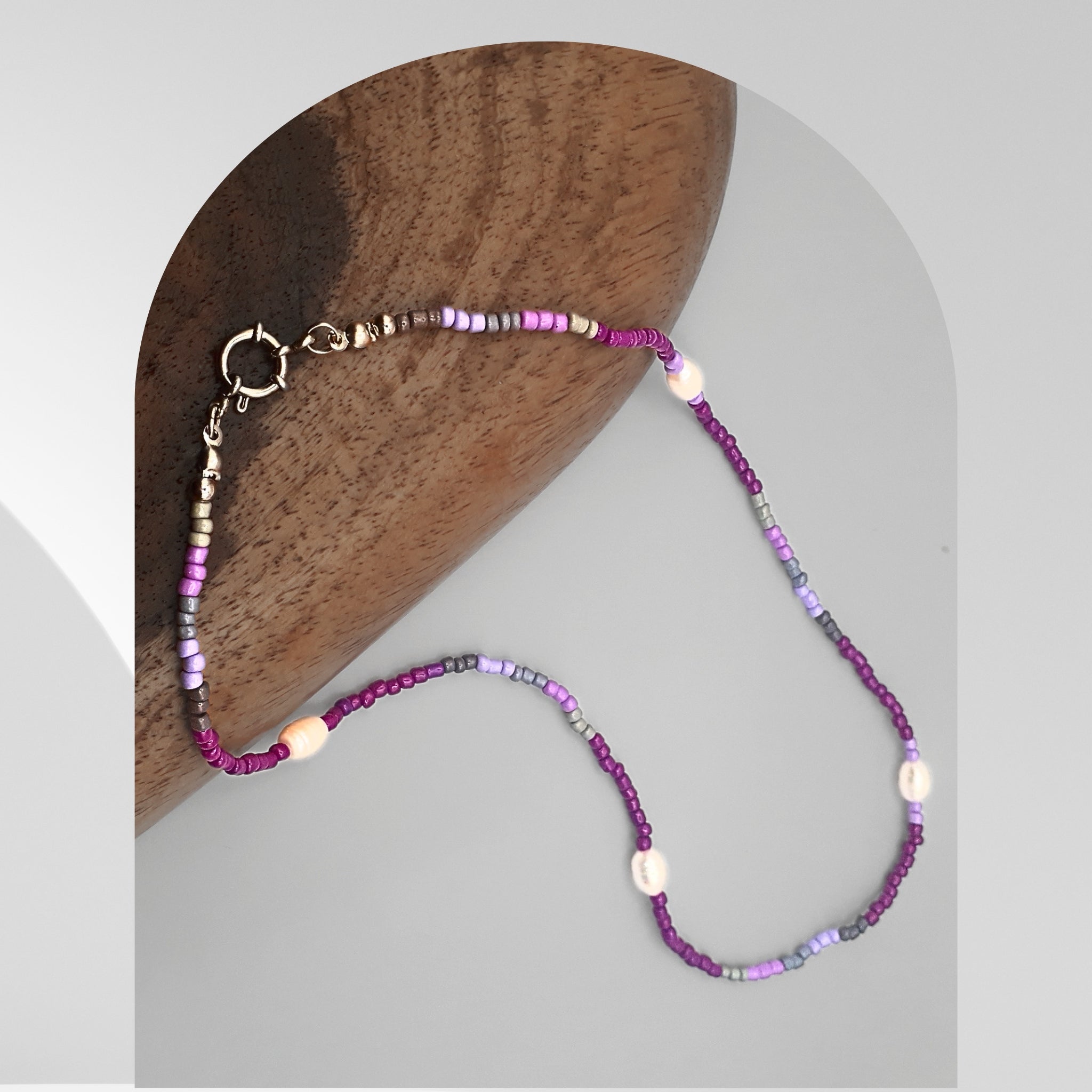 Handmade 40cm white freshwater pearl necklace with purple and gray glass beads