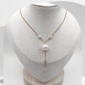Handmade gold plated stainless steel Y necklace with white freshwater pearl and rice pearl accents