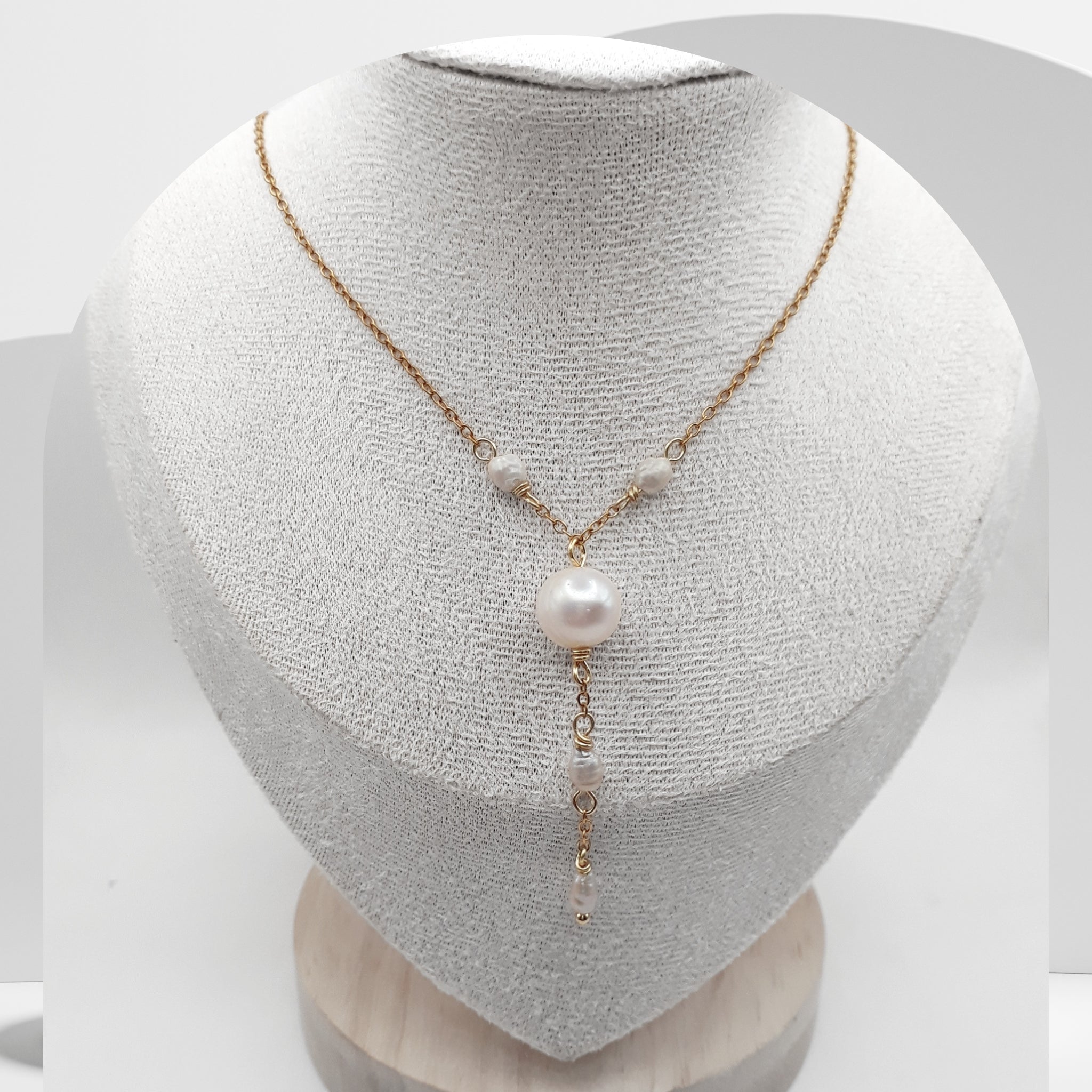 Handmade gold plated stainless steel Y necklace with white freshwater pearl and rice pearl accents