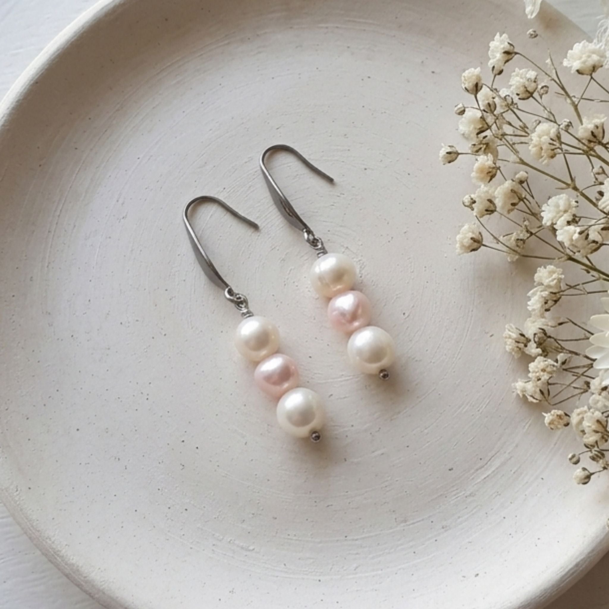 Natural white and soft pink freshwater pearl drop earrings with 304 stainless steel hooks